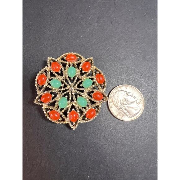 VTG Sarah Coventry Acapulco Red Green Sim Turquoise & Coral Brooch Pin - Picture 4 of 6